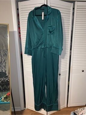 Soncy Plus Size Women's Satin Collared Long Sleeve Jumpsuit
